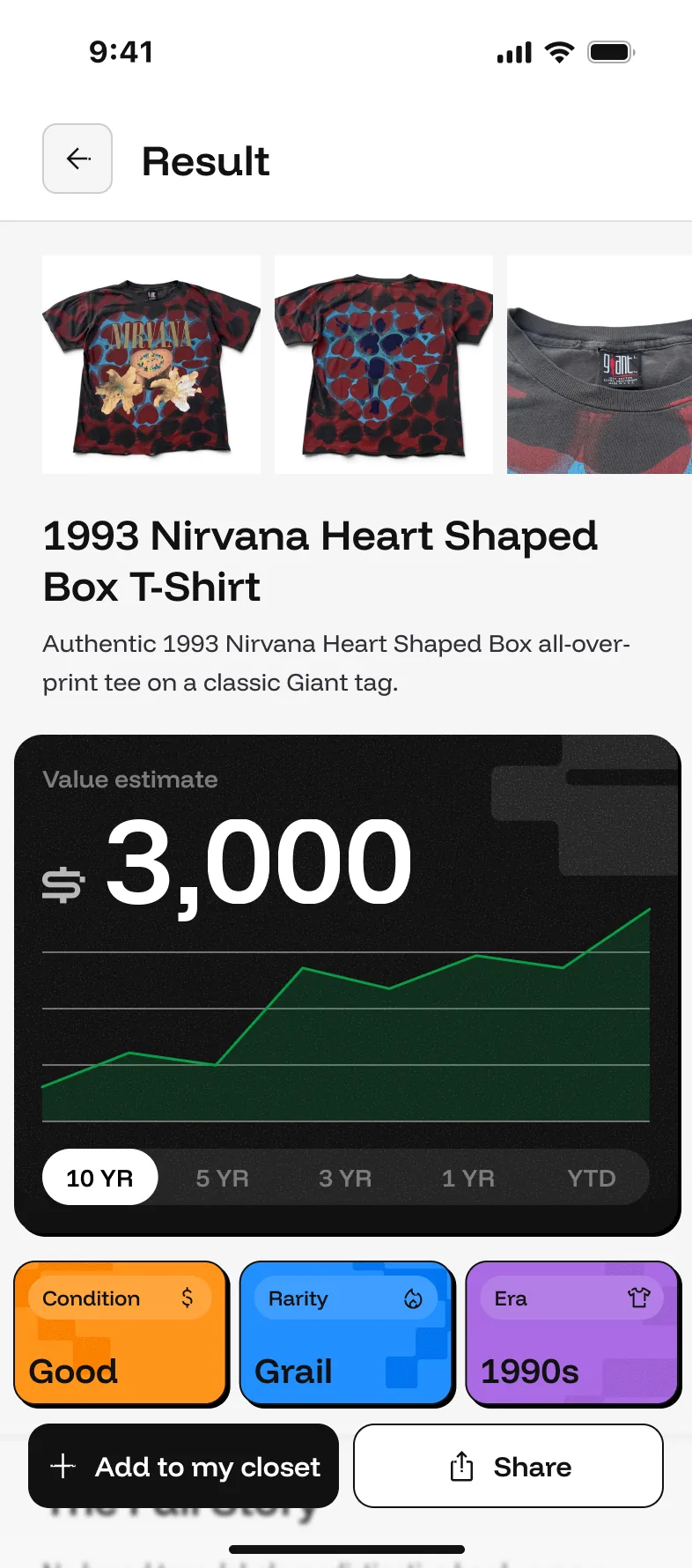 The Bidstitch result screen: three photographs of a 1993 Nirvana Heart Shaped Box T-shirt (front, back, and tag closeup), a value estimate of 3,000 dollars over ten years of rising price history, the condition, rarity and era chips reading Good, Grail and 1990s, and the add-to-closet and share buttons.