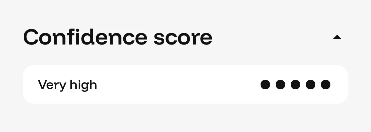 The Confidence score section of the same scan, reading Very high, with five of five dots filled.