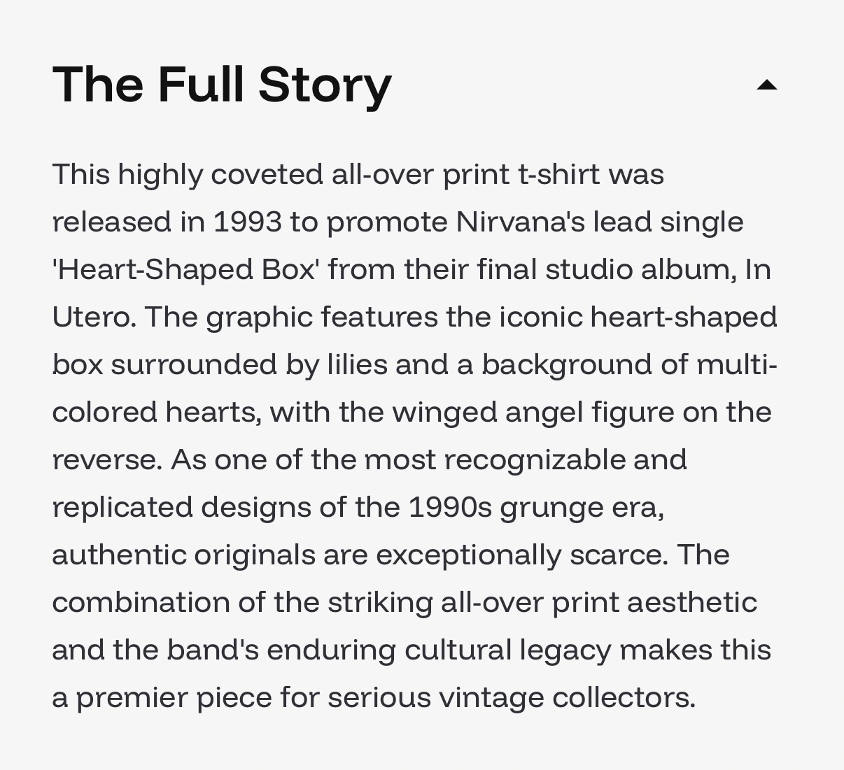 The app's own output: a section headed The Full Story carrying a written assessment of a 1993 all-over-print t-shirt, covering the single it promoted, the graphic on each side, and why authentic originals are scarce.